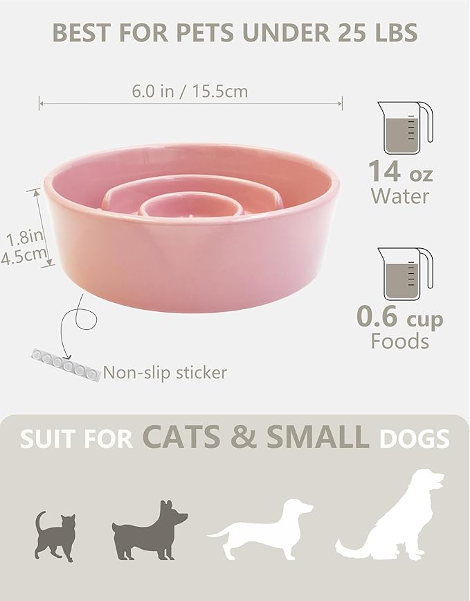 Ceramic Slow Feeder Dog Bowls, 0.6 Cup Slow Feeder for Small Dogs and Cats, Puzzle Maze Bowl, Prevents Choking, 6in, Pink