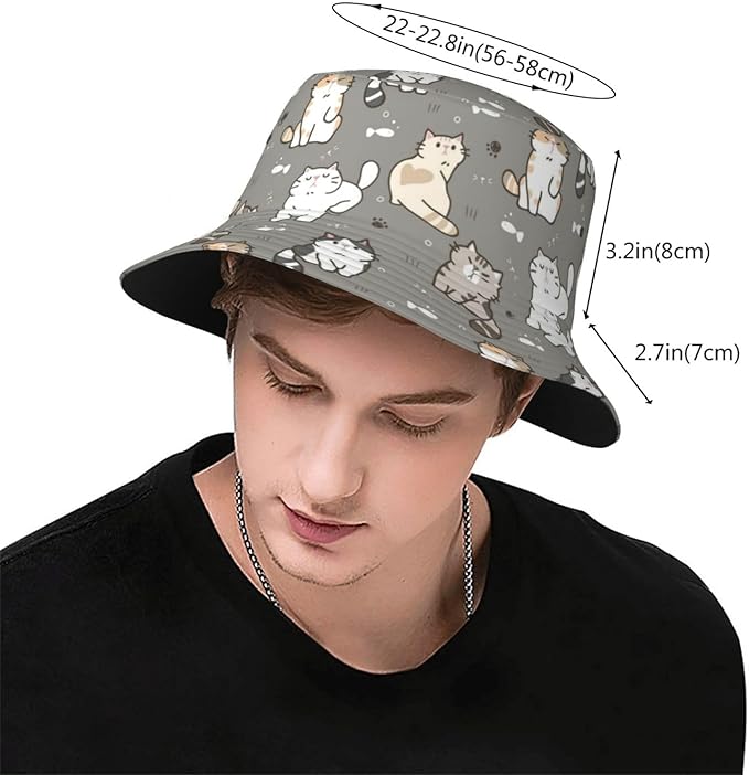 Cute Cat Print Bucket Hat Fisherman Hat Beach Travel Sun Hat Outdoor Cat Cap for Men Women