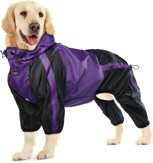 Dog Raincoat, Waterproof Dog Rain Coats for Large Dogs, Lightweight Rain Jacket, Adjustable 4 Legs Pet Poncho with Hood, Snow-Proof Dog Vest Rainwear, Rain Clothes Apparel with Leash Hole