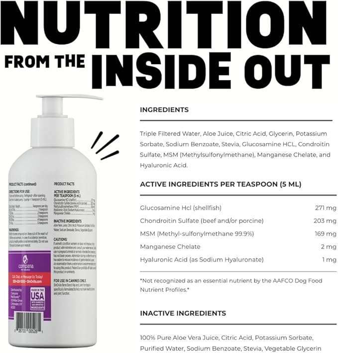 Dinovite BeneBoost Hip & Joint Liquid Topper for Dogs, Dog Joint Supplement with Glucosamine, Chondroitin, MSM & Hyaluronic Acid, Dog Mobility Support, Bacon Flavor, 6 fl oz