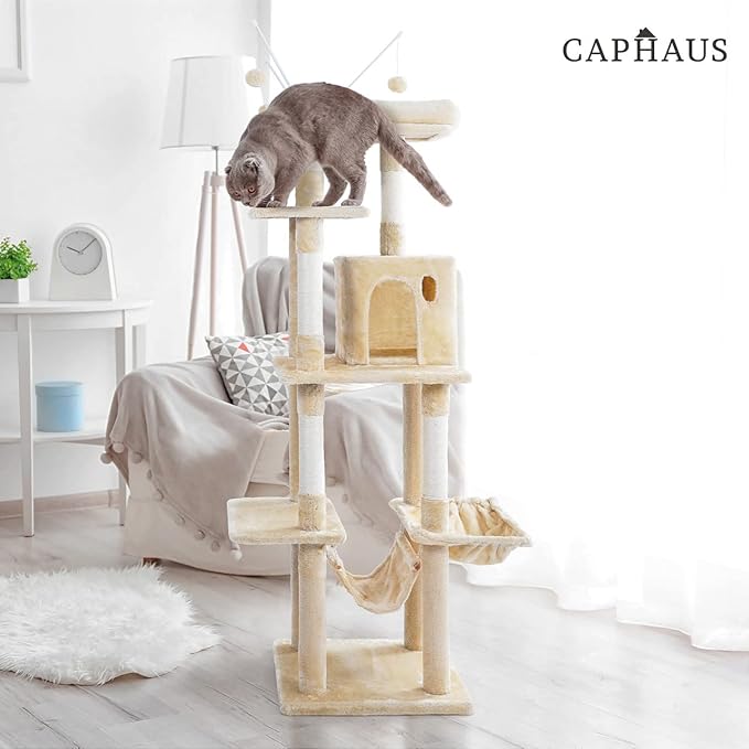 CAPHAUS Tall Climbing Modern Indoor Play Tower for Large Cats Kittens, 70-Inch with Top Perch, Cat Cave Condo, Cat Tree w Hammock, Multi-Level Cat Activity Tree w Cute Scratching Posts