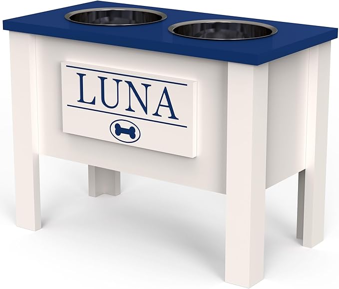 GrooveThis Woodshop - Personalized Elevated Dog Bowl Stand for Large, Medium, Small, X-Small Dogs - Stainless Steel Food and Water Bowls - Raised Dog Dish (X-Large, Blue)