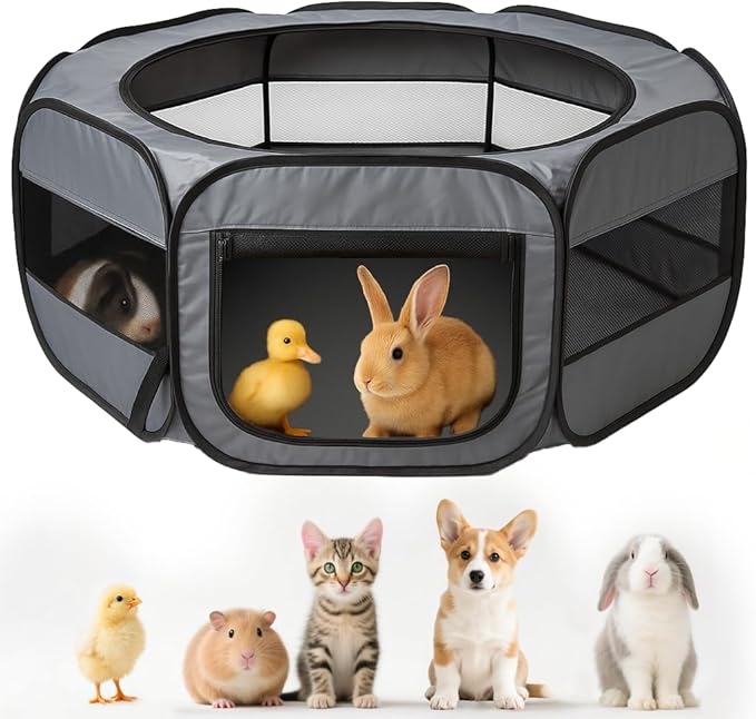 UWE Extra Large Small Animal Playpen, XL Portable Pet Playpen for Rabbit, Kitten, Guinea Pig, Hamster, Puppy – Waterproof Foldable Mesh Tent with Zipper Cover, Indoor Outdoor Use, Dark Grey