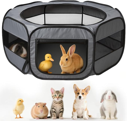 UWE Extra Large Small Animal Playpen, XL Portable Pet Playpen for Rabbit, Kitten, Guinea Pig, Hamster, Puppy – Waterproof Foldable Mesh Tent with Zipper Cover, Indoor Outdoor Use, Dark Grey