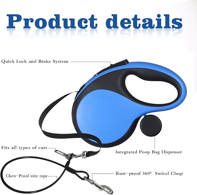 Retractable Dog Leash 26ft,Chew-Proof Heavy-Duty Pet Leash for Medium/Large Breed up to 110 lbs, 360° Tangle-Free Long Retract Dog Lead,with Poop Bag Dispenser, One-Hand Brake (Blue)