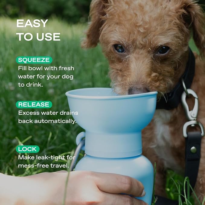 Springer by Springland Flip Portable Dog Water Bottle with Foldable Food Grade Silicone Bowl - 20 Ounce Travel Dog Water Bottle Ideal for Camping - Easy Squeeze Hydration & Release to Drain
