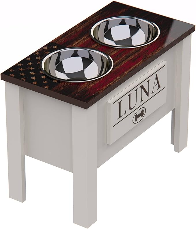 GrooveThis Woodshop - Personalized Elevated Dog Bowl Stand for Large, Medium, Small, X-Small Dogs - Stainless Steel Food and Water Bowls - Raised Dog Dish (X-Large, Flag Design)