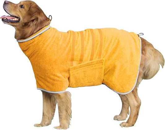 Dog Robe - Fast Drying Towel - Microfiber Super Absorbent Pet Bathrobe, Adjustable Collar & Belly Strap (Yellow, Medium)
