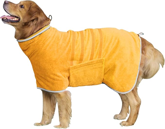 Dog Robe - Fast Drying Towel - Microfiber Super Absorbent Pet Bathrobe, Adjustable Collar & Belly Strap (Yellow, Small)
