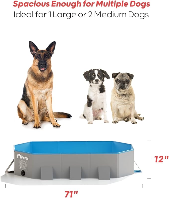 Peteast Foldable Dog Pool with Sturdy Square Design, Durable 71" Lx39 Wx12 D Extra Large Portable Pet Bathtub with Reinforced Sidewalls for Stability, Ideal for Indoor & Outdoor Use (Blue&Gray)
