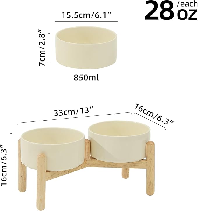 Ceramic 6.1inch Raised Dog Bowl with Stand for Small and Medium Breed Dog Dish Pet Food and Water Bowl (Double Bowl with Stand - Beige, 28oz)