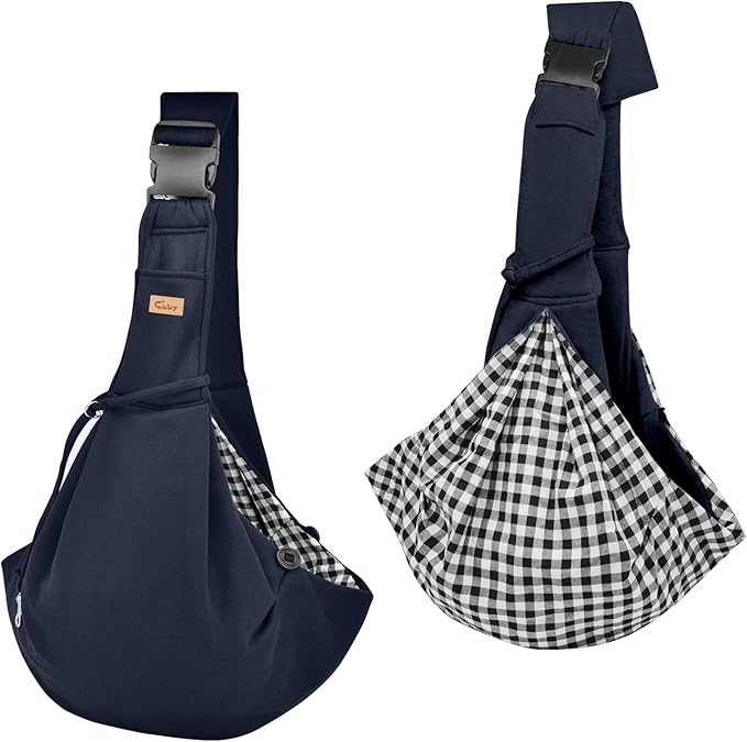 CUBY Dog and Cat Sling Carrier, Hands Free Reversible Pet Papoose Bag, Soft Pouch Adjustable, Suitable for Puppy Cats for Outdoor Travel (Blue, M-Adjustable Strap)