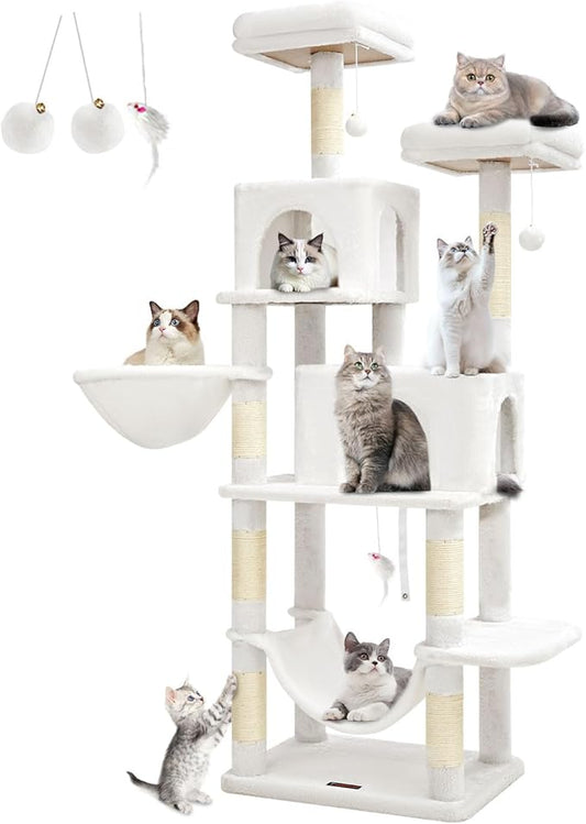 Taoqimiao Cat Tree, 66.2-Inch Cat Tower for Indoor Cats, Plush Multi-Level Cat Condo with 12 Scratching Posts, 2 Perches, 2 Caves, Hammock, 2 Pompoms, Cream White MS013C