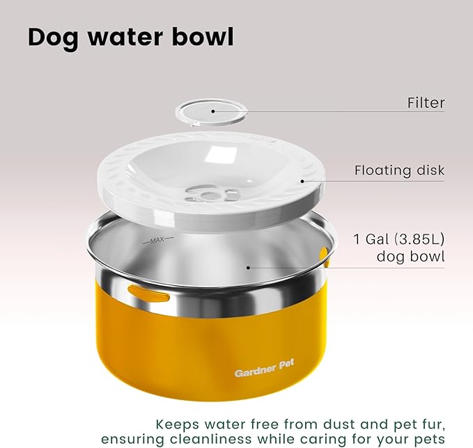 Gardner Pet Dog Bowls 1 Gallon (3.85L) Stainless Steel No Spill Dog Water Bowl, Slow Water Feeder Metal Bowls, Spill Proof Water Dispenser for Large Dogs, Promotes Healthy Hydration(Orange)