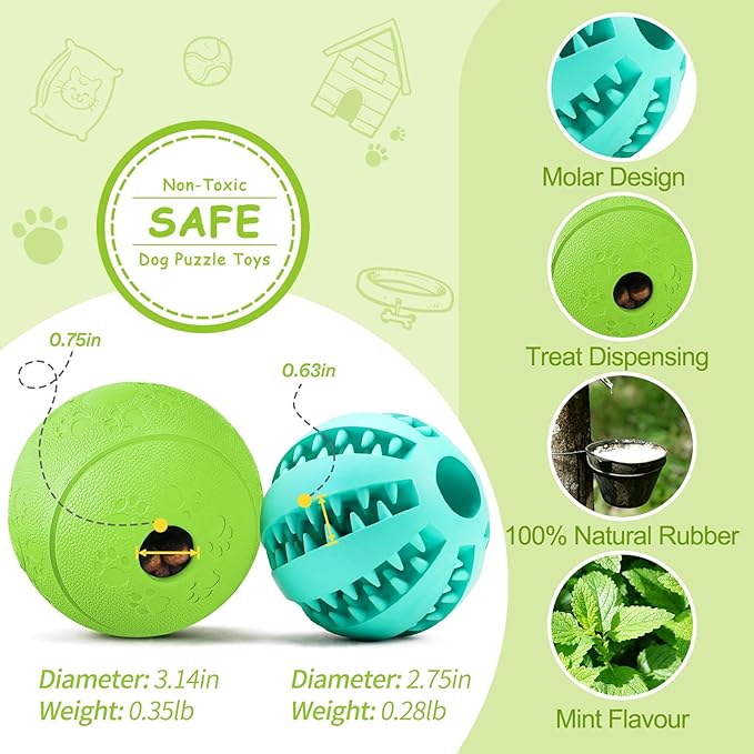 HIPPIH Dog Puzzle Toy 2 Pack, Interactive Dog Toys for Treat Dispensing, Durable Puppy Toys for Teething, Dog Treat Ball for Teeth/Slow Feeder/IQ Training/Playing, Blue-2.75‘’, Green-3.14‘’