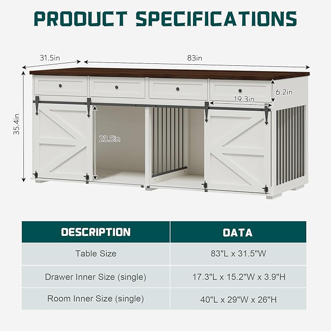 Furniture Style Dog Crate, 83" L Super Large Indoor Wooden Farmhouse Dog Kennel Furniture with Double Sliding Barn Doors, 4 Drawers & Room Divider, for Large Breed Dogs, White