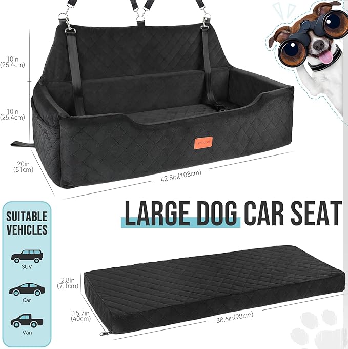 Large Dog Car Seat Under 100 lbs, Washable Dog Car Bed for 2 Medium Dogs, Detachable Pet Booster Seat with Storage Pocket and Seat Belt for Back Seat Dog Travel Bed