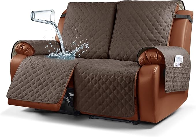 Ruaozz Waterproof Recliner Sofa Cover 1-Piece Couch Covers for Reclining Couches Reclining Sofa Cover Washable Furniture Protector with Elastic Straps Pocket for Kids, Pets (Brown, 2 Seater)