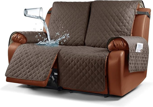 Ruaozz Waterproof Recliner Sofa Cover 1-Piece Couch Covers for Reclining Couches Reclining Sofa Cover Washable Furniture Protector with Elastic Straps Pocket for Kids, Pets (Brown, 2 Seater)