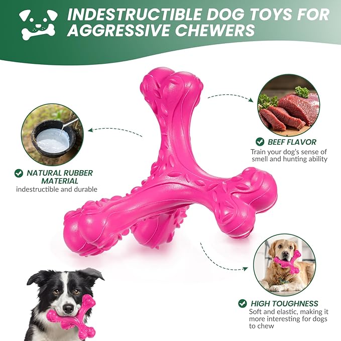 Dog Chew Toys for Aggressive Chewers Large Breed,Indestructible Bones Toy，Durable Cleaning Toothbrush Natural Rubber Dog Toys… (Pink)