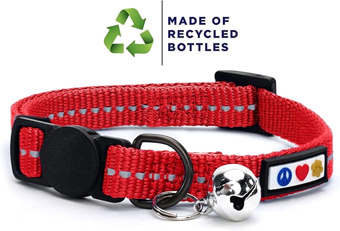 Pawtitas Recycled Cat Collar with Reflective Stitched and Safety Buckle Removable Bell Reflective Cat Breakaway Collar Made from Plastic Bottles - Red Chili Cat Collar.