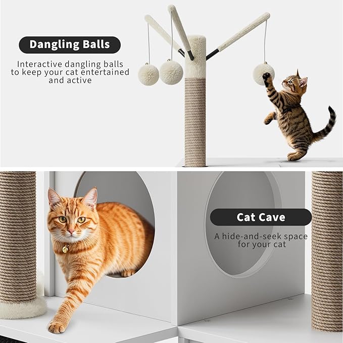 Litter Box Enclosure with Tree Tower, Condo, Cat Brush Post, and Passage, Hidden Washroom Furniture with Sisal Scratching Post & Soft Plush Perch, Wooden Multi-Platform Cat Furniture, White