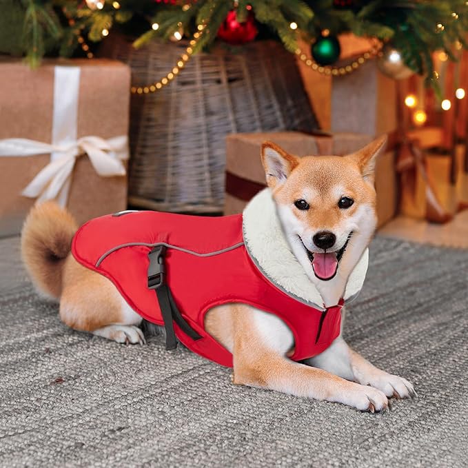 EMUST Winter Dog Jacket, Windproof Dog Apparel for Cold Weather, Reflective Coats for Dogs, Warm Puppy Jacket for Cold Winter, Red S