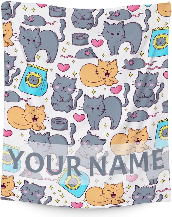 Personalized Cat Blanket Gifts with Name - 30"x40" Cute Throw Blanket for Adults Kids - Colorful Soft Plush Throws for Bed, Couch & Travel