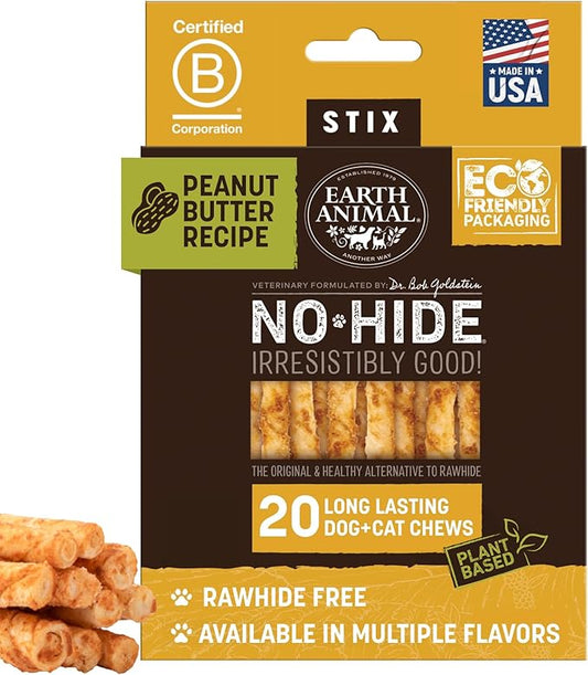 Earth Animal No Hide Stix - Long Lasting Rawhide Free Small Dog Chews Sticks, Peanut Butter - 20 Count Value Pack