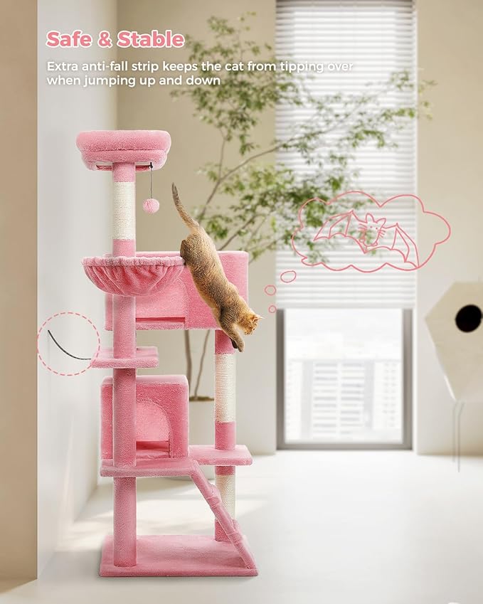 Pink Cat Tree for Indoor Cats, 2 Cozy Condos with Spacious Top Perch, 56.3-Inch Multi-Level Cat Tower with Scratching Posts, 2 Caves, Plush Hammock and Climbing Ramp