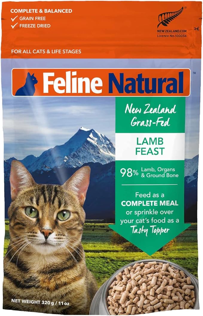 Feline Natural High Protein Dry Cat Food, Freeze-Dried Diet with 98% Meat, Organs & Seafood, No Peas, Grains, or Artificial Additives, Made in New Zealand, Lamb, 11oz