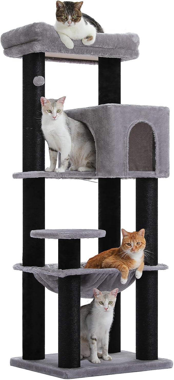 Large Cat Tree for Indoor Cats Large Adult, 57.8" Heavy Duty Cat Tower with 4 Reinforced Scratching Posts (φ3.7in) and Plush Larger Hammock for Maine Coon & Big Cats, Supports 30lbs, Black