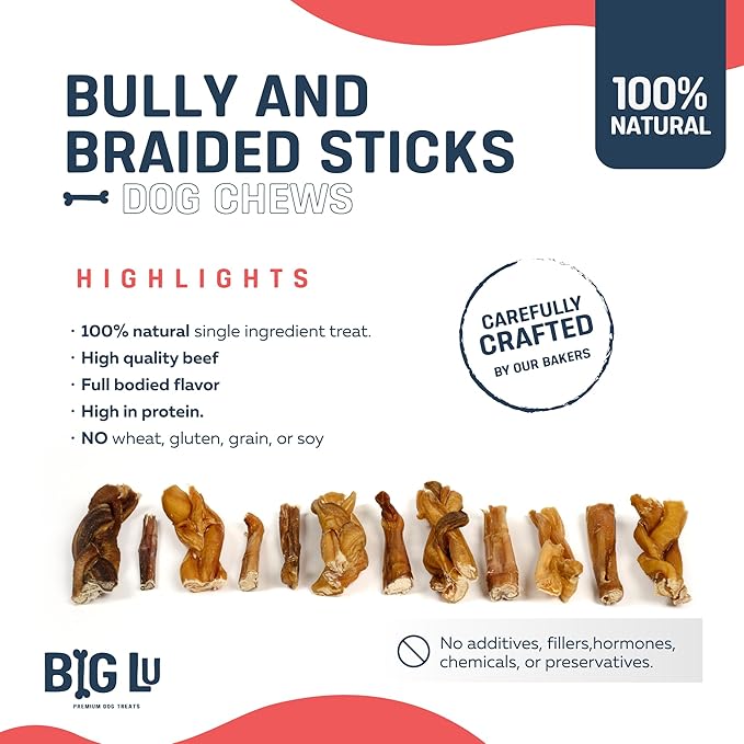 Big Lu - 2-4” Bully and Braided Sticks, 1 lb Bag, 100% Grass-Fed Beef Chews, Fully Digestible Treats for Puppies and Small to Medium Dogs, Natural Single-Ingredient Chews for Keeping Dogs Busy