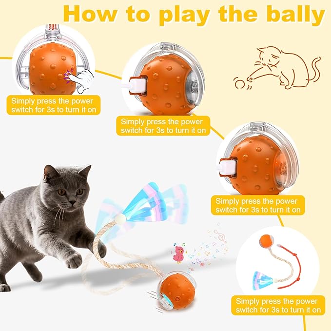 3-Pack Interactive Cat Toys Ball for Indoor Cats＆Dog,Automatic Cat Toy with Elastic Mesh Tail,Rechargeable Rolling Kitten Toy,Include 12 Cat Spiral Spring,Cat Enrichment Toys for Indoor Cats