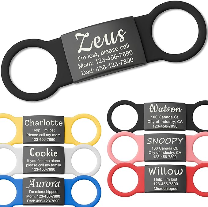 Anavia Slide On Silent Pet ID Tags, S/M/L/XL Personalized Black Stainless Steel Colored Silicone Cat Dog Name Tag, Customized Engraved Nameplate, Quiet Chew-Proof Pet Collar Tag (Black, Medium)