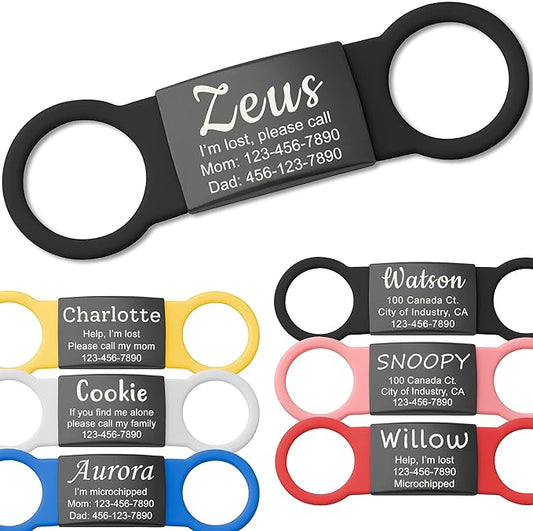 Anavia Slide On Silent Pet ID Tags, S/M/L/XL Personalized Black Stainless Steel Colored Silicone Cat Dog Name Tag, Customized Engraved Nameplate, Quiet Chew-Proof Pet Collar Tag (Black, Medium)