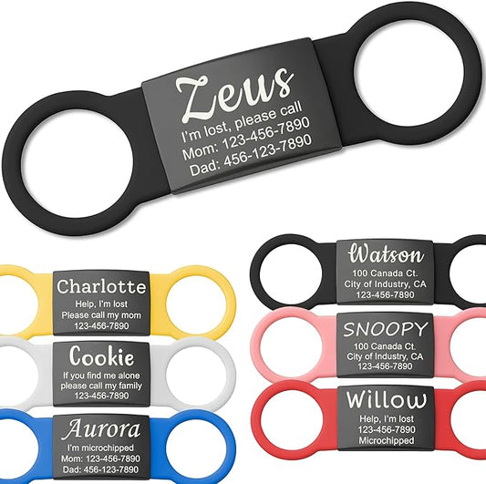Anavia Slide On Silent Pet ID Tags, S/M/L/XL Personalized Black Stainless Steel Colored Silicone Cat Dog Name Tag, Customized Engraved Nameplate, Quiet Chew-Proof Pet Collar Tag (Black, Large)