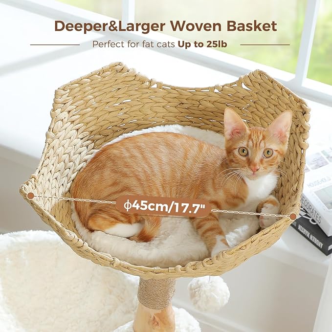 PAWZ Road Modern Cat Tree with Natural Solid Wood Scratching Post, 40 Inches Cat Tower with Spacious Wicker Basket,Large Hammock,Luxury Condo for Indoor Cats
