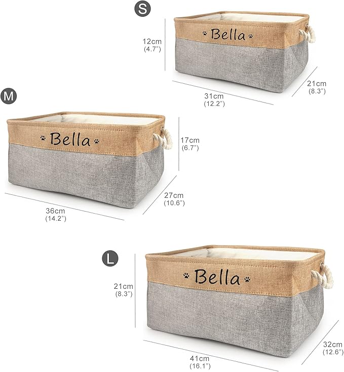 Personalized Dog Toy Box, Dog Toy Basket Storage with Cotton Handle, Customized Name and Paw Heart Print Puppy Toy Bin for Organizing Food Clothes and Pets Accessories(Paw Gray)