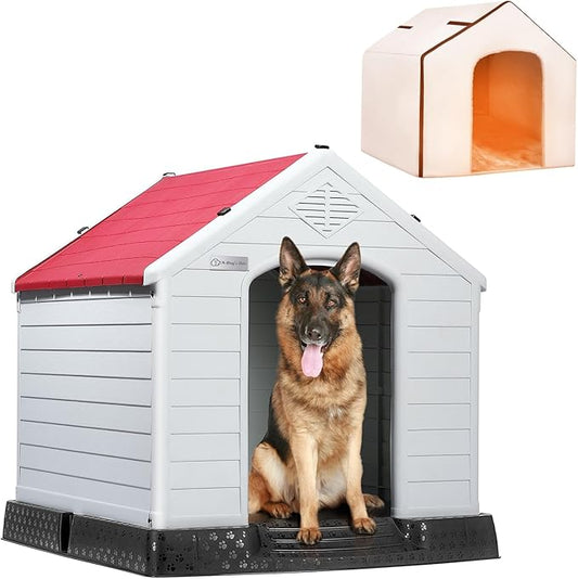 LEMBERI Durable Waterproof Plastic Dog House for Small to Large Sized Dogs, Indoor Outdoor Doghouse Insulated Puppy Shelter with Elevated Floor, Easy to Assemble (Red with Liner, 42''L*38''W*39''H)