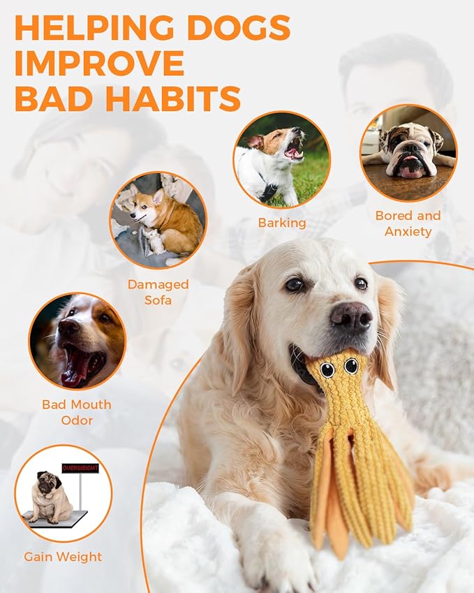 Crinkle Squeaky Dog Toys for Large Dogs, Durable Plush Chew Toys for Aggressive Chewers, Interactive Tug of War Toy, Teething Gift to Keep Them Busy and Relieve Boredom (Yellow Octopus)