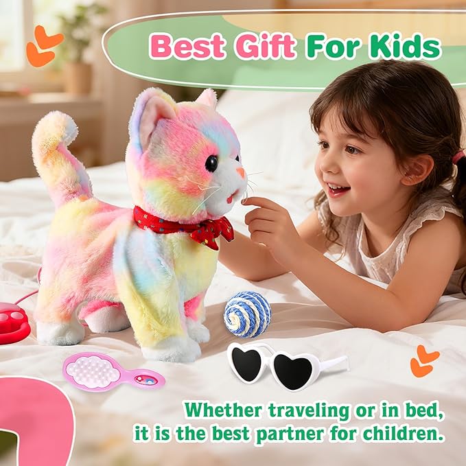 Colorful Leash Walking Cat Set Toy Interactive Talking Cat Singing Dancing Kitten Mimicking Repeat What You Say Kitty Touch and Voice Control Nodding Wagging Tail Plush Electric Robot for Kid Girl