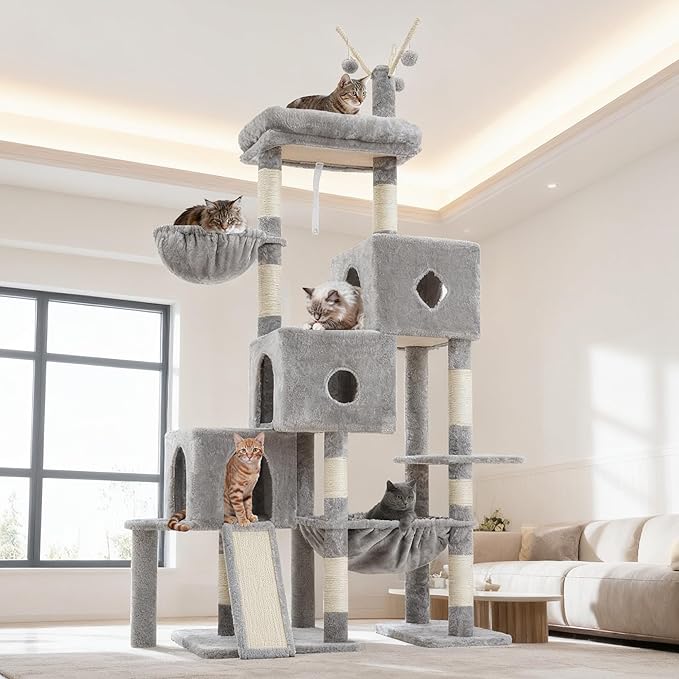 Hey-brother Cat Tree Tower, Scratching Posts with 3 Condos, Large Basket, Cozy Bed, Sisal Board, Step-by-Step Climbing Pathway and Toys, 74.8 inches Furniture for Big Indoor Cats, Light Gray MPJ081W