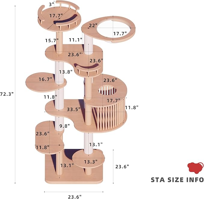 Downpat Cat Tree 72.3" Solid Wood Multi-Level Cat Tower with Condo,Cat Scratching Post,Jumping Space,Furniture Suitable for Cats (with Cat Scratching Mat Pad Anti-Slip Mat)
