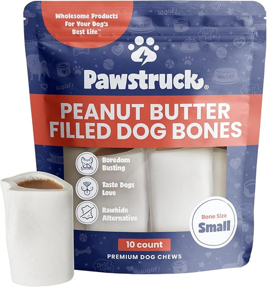 Pawstruck Small 3" Filled Dog Bones, Peanut Butter Flavor - Made in USA Long Lasting Stuffed Femur for Aggressive Chewers Dental Treat - Pack of 10 - Packaging May Vary