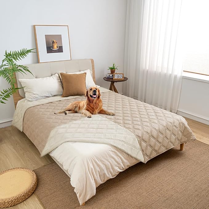 fuguitex Waterproof Dog Blanket, Pet Friendly Reversible Throw Essential for Small Dogs, Tear Resistant Leakproof Washable Couch Cushion Bed Protector Cover for Indoor Furniture（82"*82",Beige+Cream