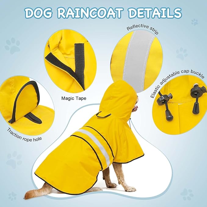 Fashion Hooded Dog Raincoat with Leash Hole- Reflective Dog Rain Jacket Adjustable Doggy Raincoats Lightweight Pet Rain Coat for Dogs (XX-Large, Yellow)
