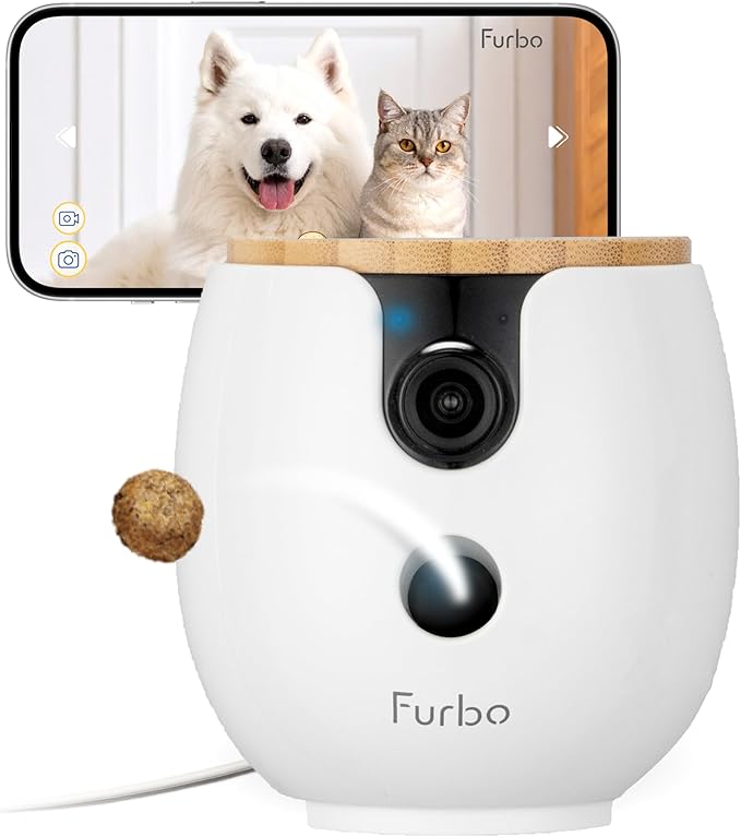 Furbo Mini 360° [New] 2K QHD Pet Camera: Dog & Cat Rotating Treat Dispenser w/Phone App, Smart Indoor Cam with 2-Way Speaker & Night Vision. No Subscription Needed. Standard See, Talk, & Toss Features