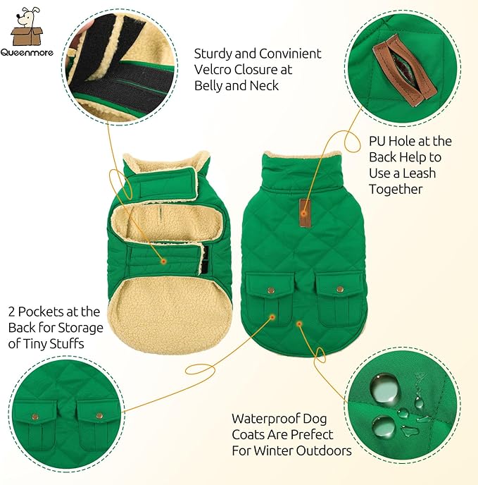 Queenmore Warm Dog Coat, Cold Weather Puffer Dog Coat Vest, Quilting Winter Pet Jacket Ultra Thick Plush Fleece Lining Pet Clothes for Dogs with Storage Pockets (Forest Green, Medium)