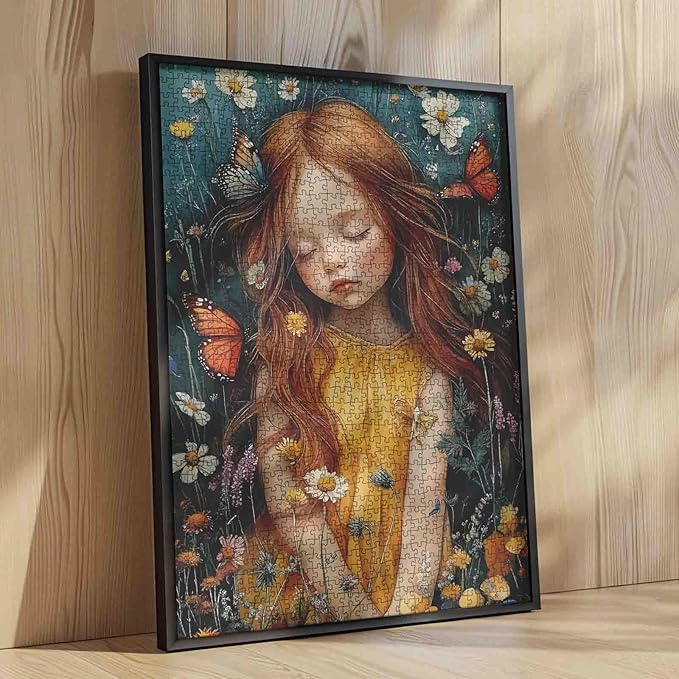 Girl Flowers Jigsaw Puzzle Girl with Colorful Butterflies 1000 Piece Jigsaw Puzzles for Adults Challenging Family Activity Game DIY Puzzle Home Decor 20 x 27 Inch